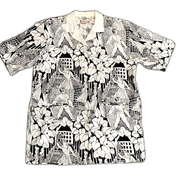 Vintage 80s Gil Aimbez Black White Tennis Player Print SS Button Up Tunic Sz 10 - Picture 1 of 15